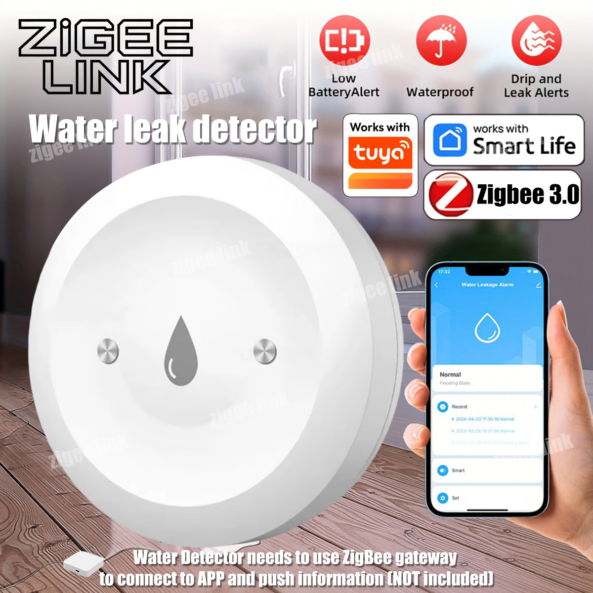 Smart Home Zentrale - مستشعر تسرب المياه الذكي ZigBee 3.0،